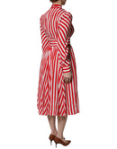 White Red Stripes Long Sleeves Midi Dress