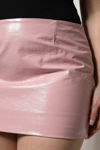 Glossy Pink Cotton High Waist Mini Skirt