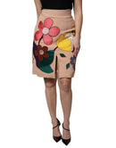 Beige Floral High Waist Pencil Cut Skirt