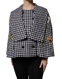 Black White Monochrome Patterned Floral Cape Jacket