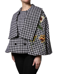 Black White Monochrome Patterned Floral Cape Jacket