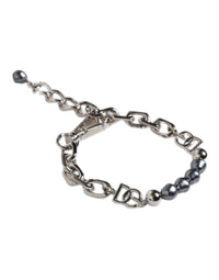 Silver Tone Chain Lobster Clasp Logo Gray Pearls Bracelet