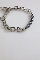 Silver Tone Chain Lobster Clasp Logo Gray Pearls Bracelet