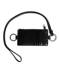 Black Leather Logo Embossed Lanyard Card Holder Wallet
