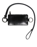 Black Leather Logo Embossed Lanyard Card Holder Wallet