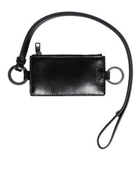 Black Leather Logo Embossed Lanyard Card Holder Wallet