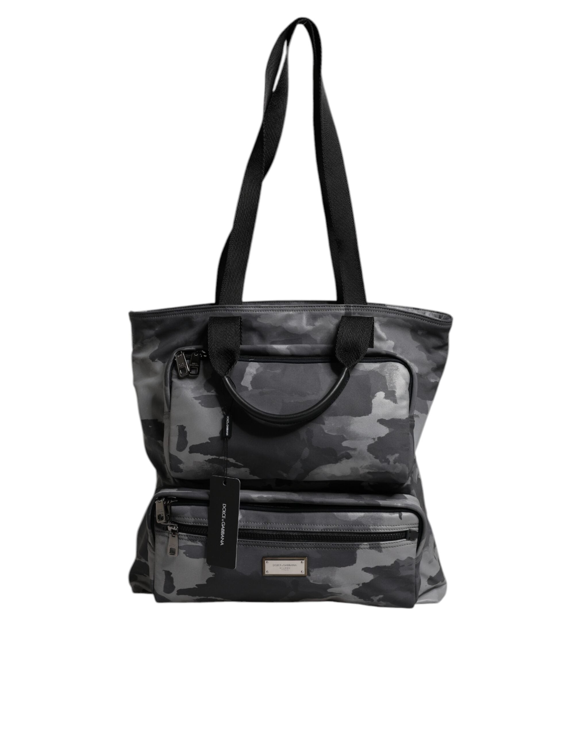 Gray Camo Cotton Multiple Compartments Tote Bag