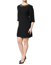 Black Crystal Embellished Round Neck Mini Dress