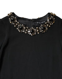 Black Crystal Embellished Round Neck Mini Dress