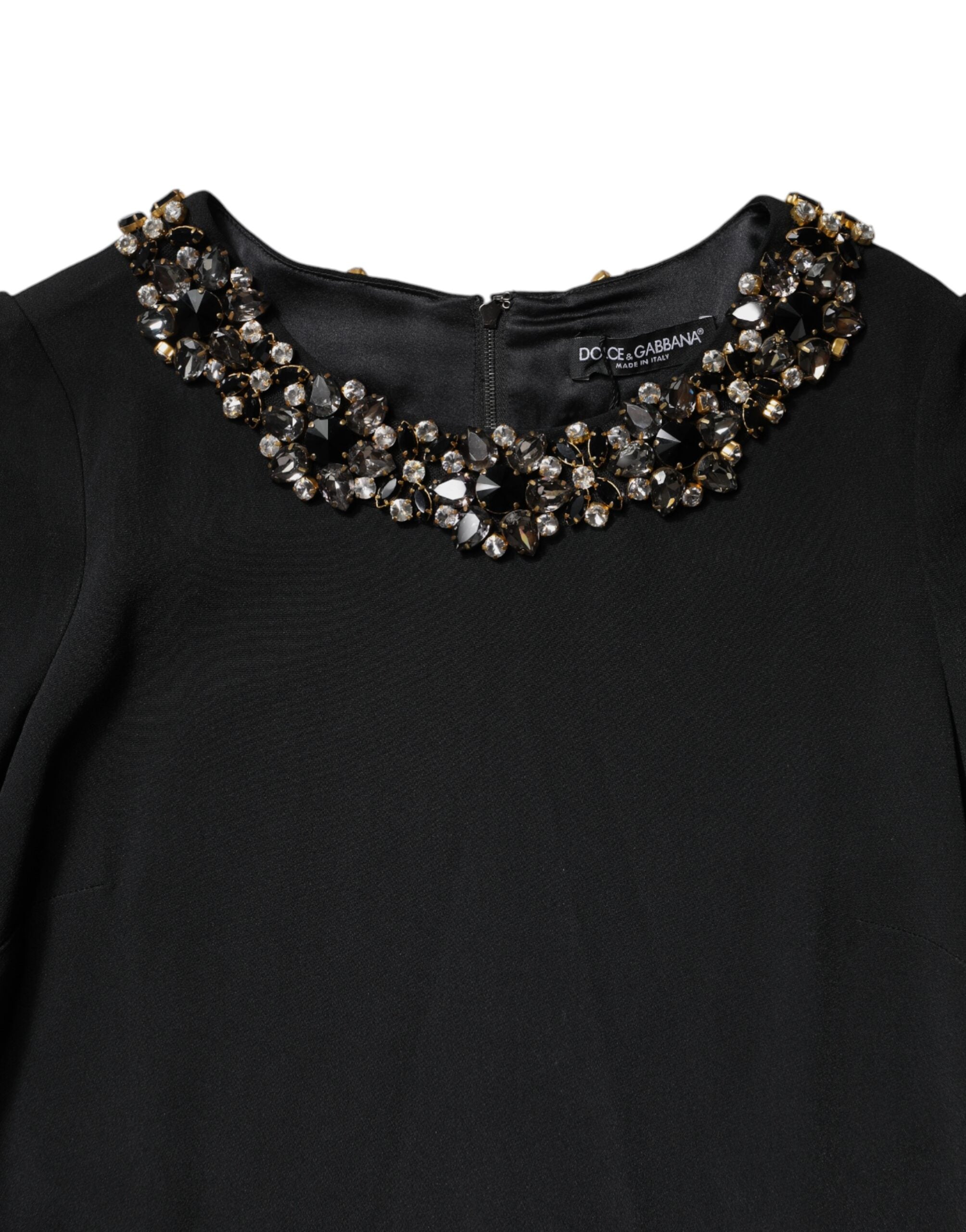 Black Crystal Embellished Round Neck Mini Dress