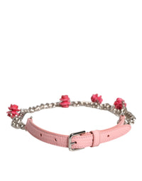 Pink Embelished Roses Textured Leather Belt