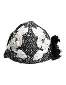 Black Wool White Floral Embellished Cloche Hat