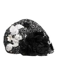 Black Wool White Floral Embellished Cloche Hat