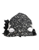 Black Wool White Floral Embellished Cloche Hat