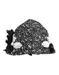 Black Wool White Floral Embellished Cloche Hat