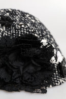 Black Wool White Floral Embellished Cloche Hat
