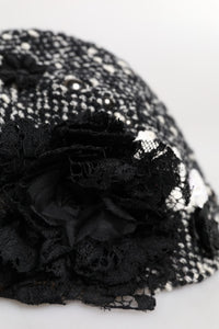 Black Wool White Floral Embellished Cloche Hat