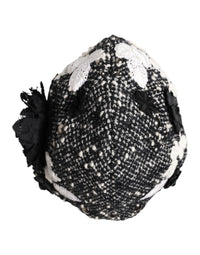 Black Wool White Floral Embellished Cloche Hat