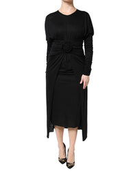 Black Wool Long Sleeves Sheath Midi Dress