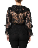 Black Cotton Floral Lace Women Blouse Top
