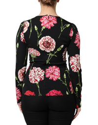 Black Floral Long Sleeve Women Blouse Top