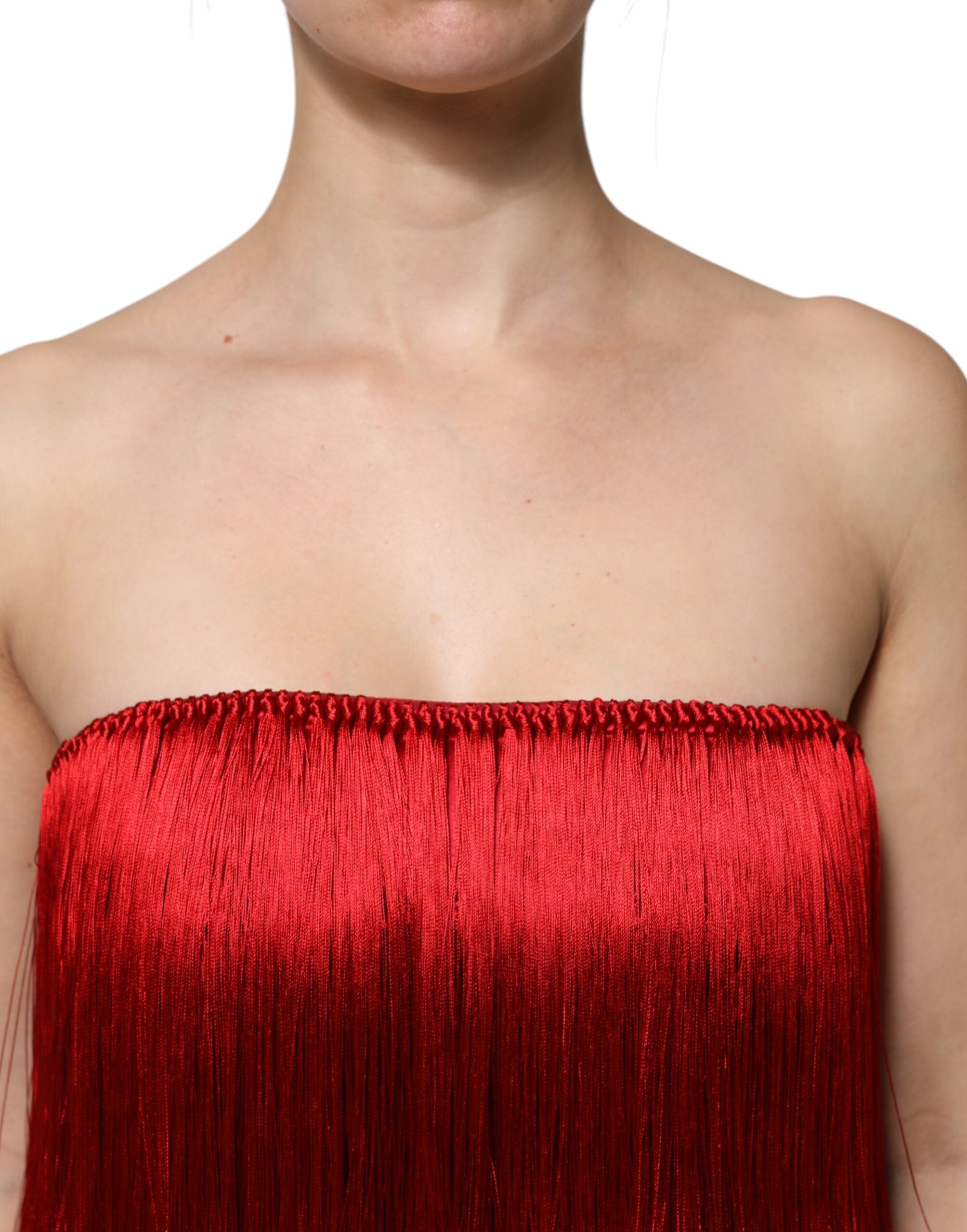 Red Silk Strapless Fringe Crop Tube Top