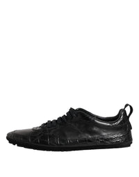 Black Exotic Leather Low Top Sneakers Shoes