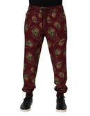 Burgundy Peacock Feather Print Jogger Pants