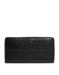 Black Leather Logo Plaque Zip Around Continental Wallet