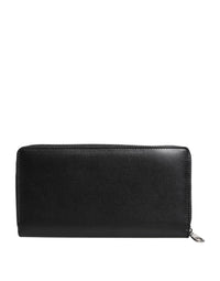 Black Leather Logo Plaque Zip Around Continental Wallet