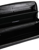 Black Leather Logo Plaque Zip Around Continental Wallet