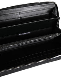 Black Leather Logo Plaque Zip Around Continental Wallet