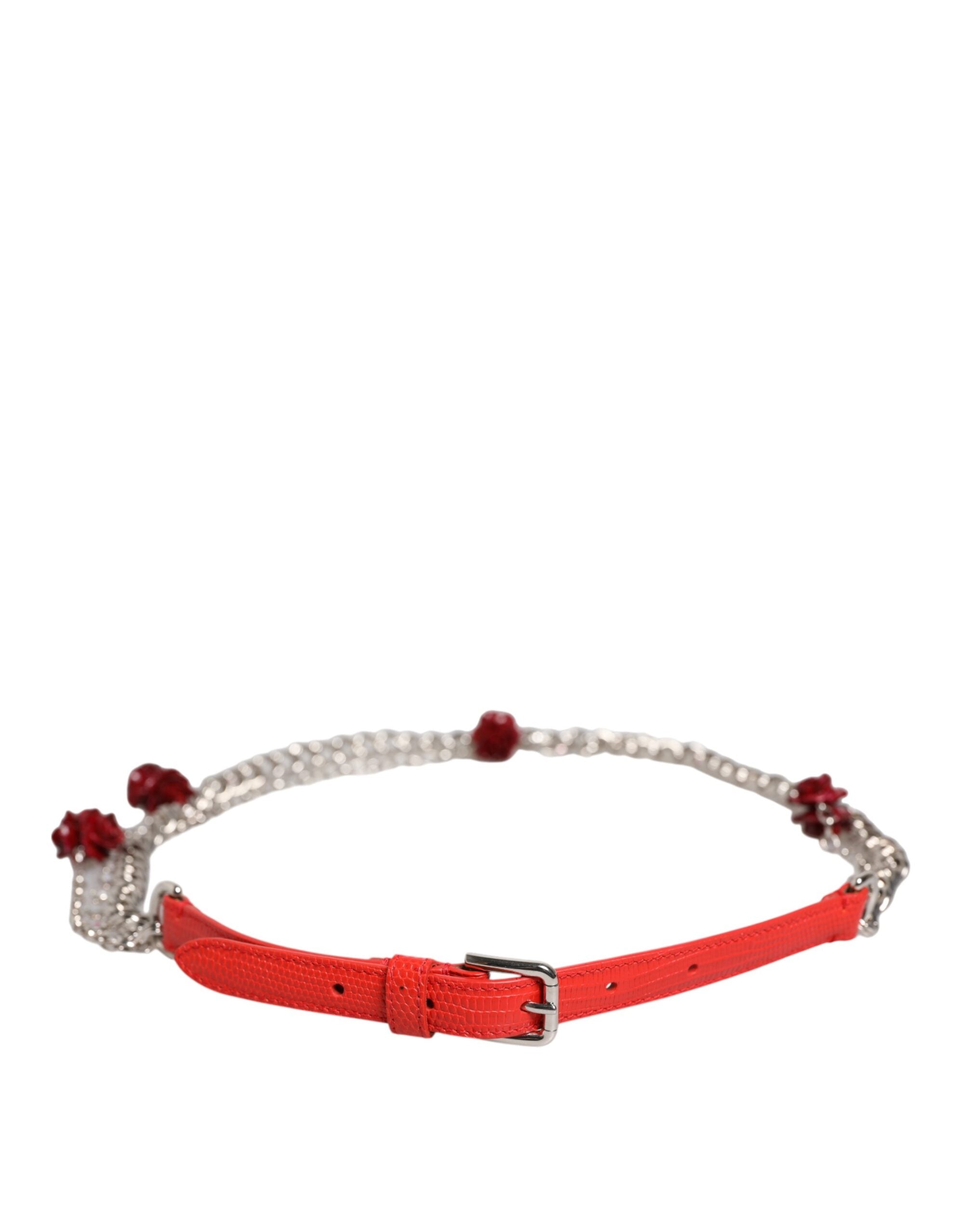 Red Leather Silver Chain Floral Cintura Belt