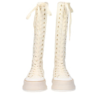 Beige Fabric Lace-Up Boots