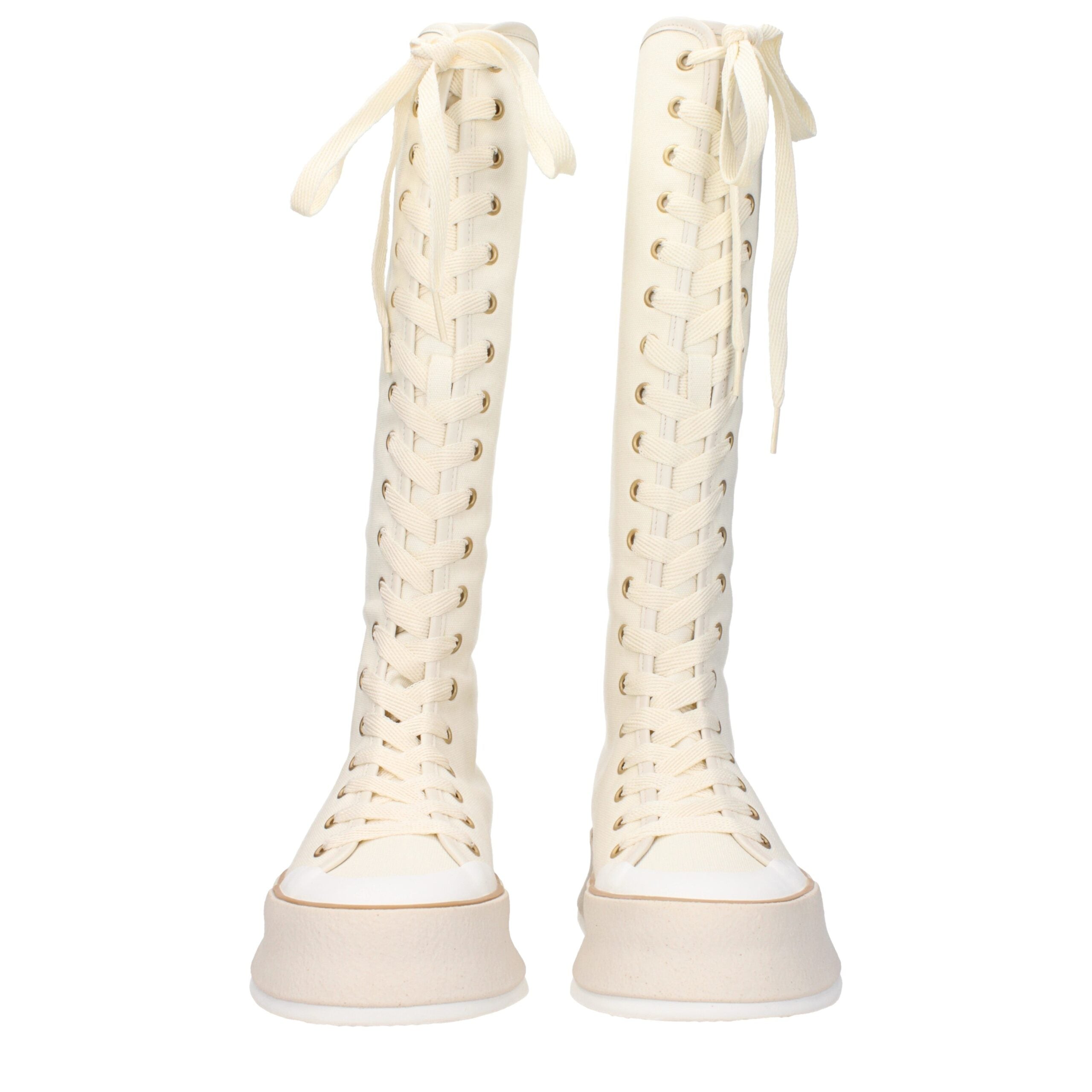 Beige Fabric Lace-Up Boots