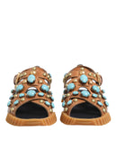 Brown Leather Studded Slides Sandals Shoes