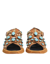 Brown Leather Studded Slides Sandals Shoes