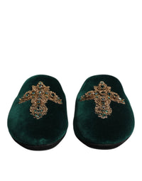 Green Velvet Cross Embellished Slippers Shoes