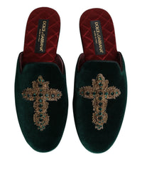 Green Velvet Cross Embellished Slippers Shoes