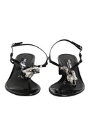 Black Leather Crystal Ankle Strap Sandals Shoes