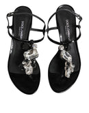 Black Leather Crystal Ankle Strap Sandals Shoes