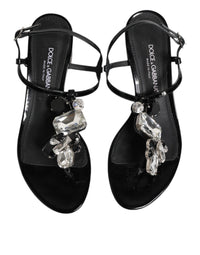 Black Leather Crystal Ankle Strap Sandals Shoes