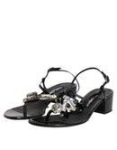 Black Leather Crystal Ankle Strap Sandals Shoes