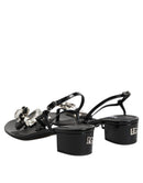 Black Leather Crystal Ankle Strap Sandals Shoes