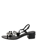 Black Leather Crystal Ankle Strap Sandals Shoes