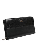 Black Leather Logo Plaque Zip Around Continental Wallet