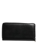 Black Leather Logo Plaque Zip Around Continental Wallet