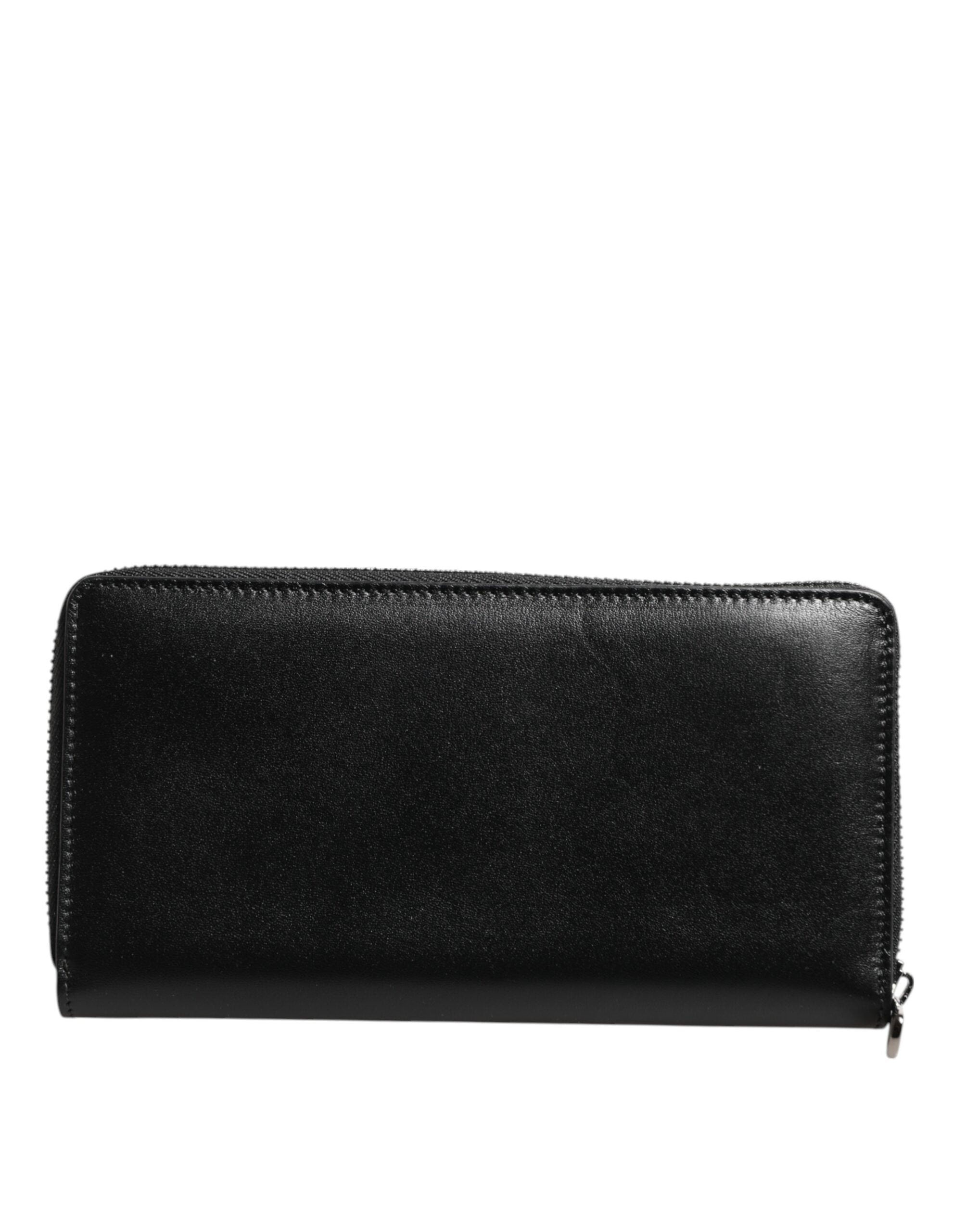Black Leather Logo Plaque Zip Around Continental Wallet