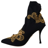 Black Gold Embroidery Crystal Boots Shoes