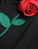 Black Wool Sleeveless Rose Applique Dress